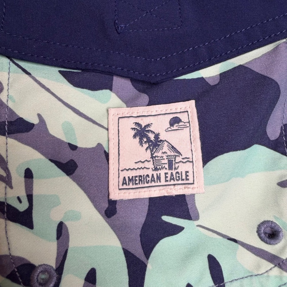 American Eagle Mens XS Tropical Leaf Swim Trunks Navy Teal 5 Inch Inseam Shorts - Picture 8 of 12